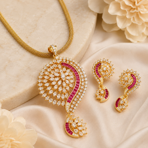 LISAJEWELLERS Ensemble Collier et Boucles d'Oreilles en Laiton Rouge Rubis Royal Motif Paisley Plaqué Or Zircon Bijoux de Mariage et de Fête pour Femme Classique - Product Image 2