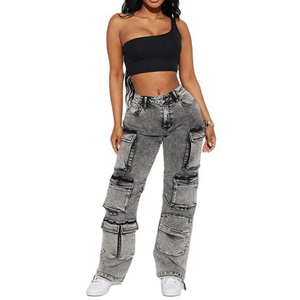 Nouvelle Arrivée OEM Personnalisé Respirant Écologique Solide Été Vintage Coupe Classique Grande Taille Coton Cargo Baggy Jean Denim Femme - Product Image 5