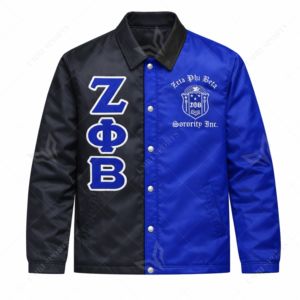 Vestes de coach personnalisées Zeta Phi Beta, style traditionnel, noir et bleu, avec logos brodés, veste rétro grecque. - Product Image 1