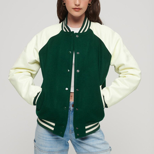 Veste universitaire pour femme, vert crème, couleur contrastée, manches longues, col boutonné, vêtement d'extérieur décontracté pour l'automne - Product Image 1