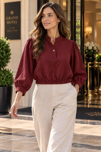 <b>Women's</b> Burgundy <b>Linen</b> Cotton Loose Woven Blouse Puff Sleeve Crew Neck Top Elastic Waist Long Sleeve Casual All Seasons - Product Image 2
