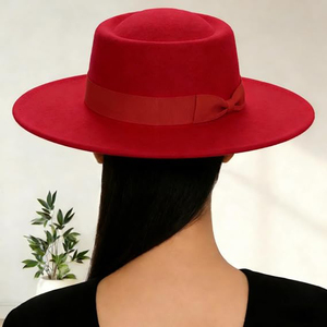 <b>Red</b> Wide Brim Fedora Hat 100% Wool Unisex European Style Accessory with Ribbon <b>Bow</b> Spring Autumn Casual Wear - Product Image 2