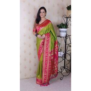 Traditional <b>Warli</b> Art Saree Mehendi Green Soft Silk Zari Woven Indian & Pakistani Clothing - Product Image 6