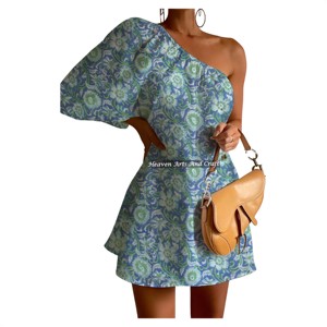 Vestido de un solo hombro con manga abullonada y estampado a mano, sexy y corto, para mujer, en oferta. - Product Image 4