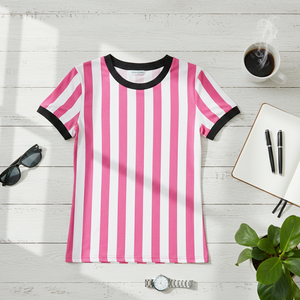 Chemise rose à rayures blanches pour femmes, produit tendance dans l'industrie du vêtement féminin, t-shirt en coton pour femmes, logo personnalisé - Product Image 5