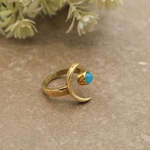 Celestial Crescent Moon Aqua Chalcedony <b>Ring</b> 14K Gold Plated Brass <b>Adjustable</b> Unisex Boho Daily Wear Jewelry - Product Image 3