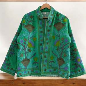 Turquoise Hand Embroidered Floral <b>Jacket</b> <b>Mandarin</b> <b>Collar</b> Full Sleeve Cotton Prairie Chic Spring Style Open Stitch - Product Image 5