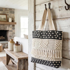 Bolsos Tote Boho Chic Blancos con Flecos Largos, Bolsos de Lujo Hechos a Mano con Patrón Chevron Minimalista, Bolsos de Compras Bohemios para Uso Diario de Mujer - Product Image 6