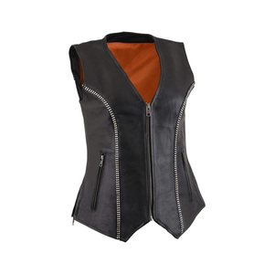 Chaleco de Cuero PU para Mujer, Cuello en V, Cierre de Cremallera, Estilo Motero, Sin Mangas, con Bolsillos Laterales y Detalles de Tachuelas - Product Image 1