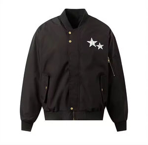 Men's Black Bomber <b>Jacket</b> Stand Collar Embroidered <b>Stars</b> Casual Polyester Autumn Wear Regular Fit - Product Image 1