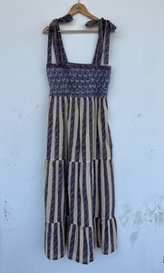 Wholesale Women <b>Navy</b> Dot Cotton Maxi Dress High Neck Puff Sleeve <b>Tie</b> Strap A-Line Resort Wear - Product Image 5