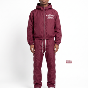 Individuelles Logo Kapuzen-Windbreaker-Jacke und Hosen-Set für Herren Einfarbiges Nylon mit Reißverschluss OEM Größe XS Blanko Trainingsanzug - Product Image 1