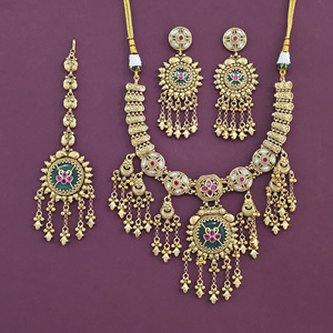 Mayoristas de Joyería Artesanal en India, Conjunto de Collar de Estilo Antiguo con Baño de Oro Mate 231434 - Product Image 2