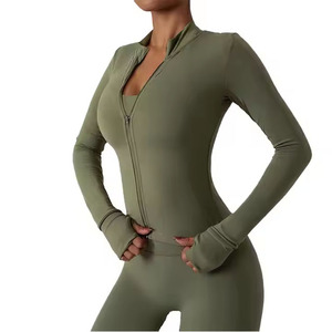 Combinaison longue pour femme vert olive, manches longues, fermeture éclair, taille haute, effet ventre plat, gaine sculptante, tenue de yoga et de sport, couleur unie - Product Image 1
