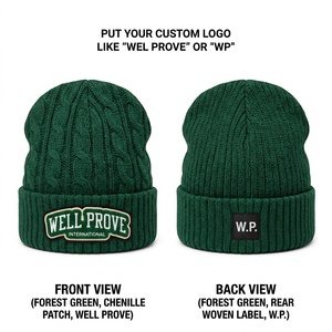 Gorro de Punto Acrílico Premium de 200 GSM, Color Verde Bosque, con Parche de Chenilla Bordado Personalizado, Gorro de Invierno Cálido Unisex Ajustable - Product Image 1