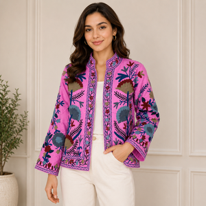 Suzani Embroidered Knitted Velvet Bomber <b>Jacket</b> Handcrafted Floral Boho Statement Wear Full Sleeve Autumn Outerwear Breathable - Product Image 2