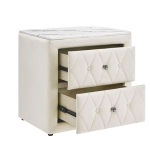 Comodino con Piano in Finto Marmo Avorio, Due Cassetti Portaoggetti, Mobile in Legno per Camera da Letto, 1 Pezzo, Rivestimento in Tessuto - Product Image 4