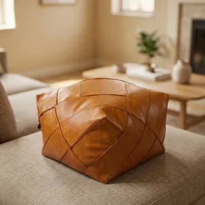 Tan Brown Leather Patchwork Pouf Ottoman Square Floor Cushion Soft Footrest for Living Room <b>Bedroom</b> Lounge Home Decor - Product Image 5