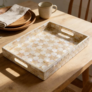 blossom craft india <b>Square</b> Mother-of-Pearl Inlay Tray Natural Shell Tray with Handle - Product Image 2