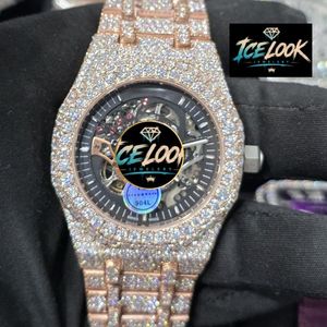 Iced Out Moissanite Mechanical <b>Watch</b> <b>Skeleton</b> Dial Quartz Movement Stainless Steel Band Luxury Unisex Hip Hop Style Analog Dial - Product Image 4