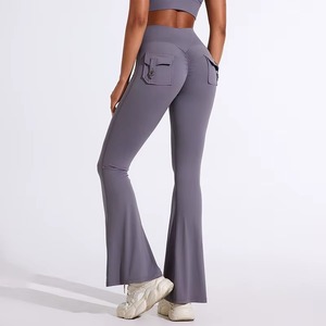 Custom Wholesale High Quality Womens Gym <b>Flare</b> Pants Spandex/Polyester High Waist Yoga <b>Leggings</b> Solid Breathable Quick Dry - Product Image 5