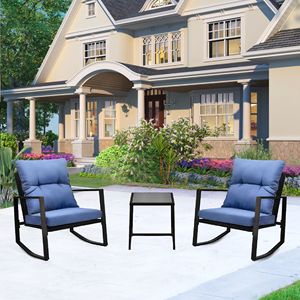 Set Bistrot da Esterno a 3 Pezzi con Cuscini Blu, Sedia a Dondolo per Giardino, Cortile e Bordo Piscina - Product Image 3