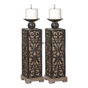Portavelas de madera de acacia con recubrimiento en polvo negro, de aspecto elegante, con formas y diseños únicos y diferentes, para decoración de mesa. - Product Image 2
