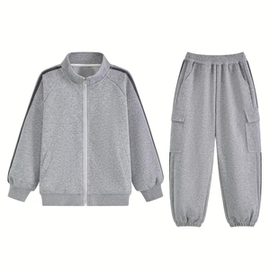 Ensemble de survêtement gris pour enfants, survêtement à manches longues, survêtement à fermeture éclair, col montant, survêtement décontracté, joggers, couleur unie, respirant, 100% coton - Product Image 1