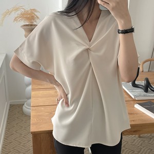 Camicetta da Donna Coreana con Scollo a V e Dettaglio Intrecciato sul Davanti, Manica Corta in Poliestere/Cotone, Top Casual Elegante e Comodo per l'Uso Quotidiano Estivo - Product Image 1