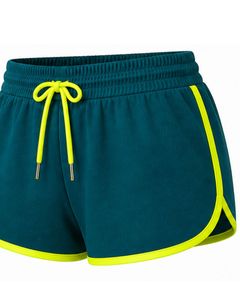 Shorts de sport pour femmes vert sarcelle avec bordure jaune fluo, séchage rapide, respirant, pour la gym, le fitness, décontracté, été, vêtements de sport actifs - Product Image 5