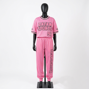 Ensemble de pantalons en jersey de polyester premium 180 GSM, rose, avec col et poignets contrastés, logo personnalisé, pour femme - Product Image 1