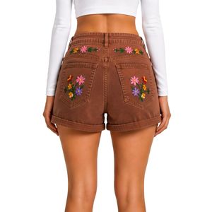 Shorts de Mezclilla de Cintura Alta para Mujer, Color Marrón Chocolate, con Bordado Floral Colorido, Shorts Casuales de Verano, Elásticos, Personalizados OEM ODM - Product Image 2
