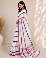 Saree Katun Putih dengan Pinggiran Hitam Merah Muda Pakaian Tradisional India Wanita Kasual Panjang Reguler Gaya Bollywood Bebas Kerut Barat