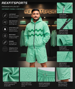 REXFIT SPORTS 2026 Ensemble short et veste coupe-vent à capuche zippée intégrale en nylon vert menthe pour homme avec empiècements ondulés, vêtements de sport personnalisés - Product Image 1