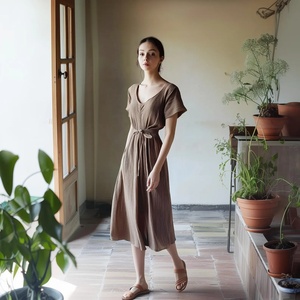 100% Cotton Vintage A-Line Midi <b>Dress</b> for Women with Bell Sleeves High Waist Side Pockets Bow Detail-Plus Size Gift for Her - Product Image 1