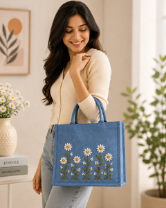 Bolso Tote Azul de Yute Estilo Bohemio con Bordado de Margaritas, Abertura Superior para Playa, Viajes y Uso Diario - Product Image 3