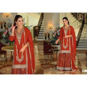 Ensemble Palazzo en Soie Chinon Premium avec Broderie Riche, Style Traditionnel Élégant, Idéal pour Mariages et Cérémonies - Product Image 1