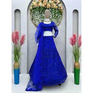 RED DE MARIPOSA MÁS RECOGIDA ZARI SECUENCIA TRABAJO LEHENGA CHOLI CON DUPATTA BLUE - Product Image 1