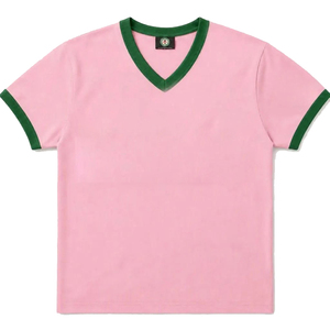 T-shirts rose et vert, vêtements de sororité, t-shirt rose à col en V avec bordure verte brodée, t-shirt décontracté pour femmes, printemps-été, coton - Product Image 4