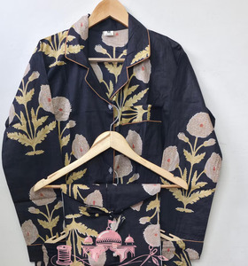 Premium Navy Blue Hand Block Printed Cotton Summer Night <b>Suit</b> Set Women Full-Sleeve Button-Down Shirt Straight-Fit <b>Pyjamas</b> - Product Image 1