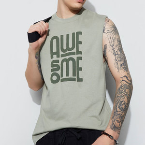 Camiseta sin mangas para hombre, cuello redondo, estampado genial, corte regular, algodón, estilo casual, color verde. - Product Image 1