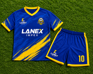 ชุดทีมฟุตบอลสั่งทำระดับมืออาชีพ สีน้ำเงิน-เหลือง เสื้อฟุตบอลและกางเกงขาสั้นเข้าชุด ชุดยูนิฟอร์มพรีเมียมแบบซับลิเมชั่น สำหรับสโมสรฟุตบอล - Product Image 6