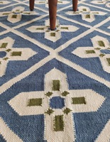 Tapis moderne géométrique fait main écologique à poils ras bleu blanc vert tissage plat rectangulaire antidérapant adapté aux animaux domestiques