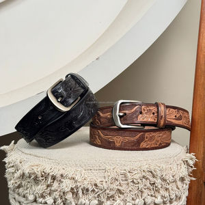 Manufacturer High Quality Genuine Cowhide <b>Leather</b> <b>Belt</b> with Floral & Longhorn Tooled <b>Leather</b> Design Adjustable <b>Belt</b> for Unisex - Product Image 6