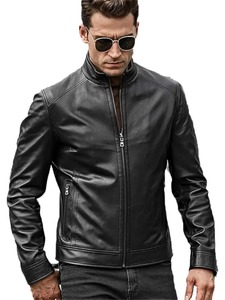 เสื้อแจ็คเก็ตหนังคาเฟ่เรเซอร์สีดำสำหรับผู้ชาย - Product Image 1