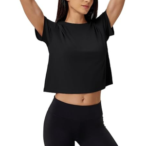 Sexy <b>Women's</b> <b>Black</b> <b>Cropped</b> Short Sleeve Knitted Custom O-Neck Loose Fit Casual Solid Color Gym <b>Top</b> - Product Image 1