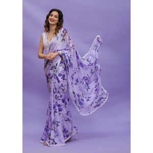DISEÑADOR CHINON SEDA IMPRESIÓN DIGITAL Y TRABAJO DE SECUENCIA SAREE CON BLUSA SIN COSER LAVANDA - Product Image 1