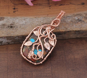 Pendentif vintage fait main en forme de feuille, serti de fils, plaqué platine, argent sterling 925, pierre précieuse en cuivre bleu, unisexe - Product Image 2