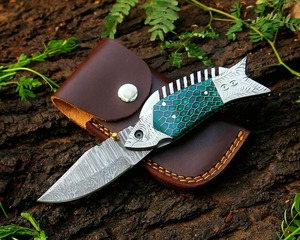 Damascus Steel Folding Pocket <b>Knife</b> <b>Fish</b> Shape Handle Handmade EDC Camping Hunting Utility Blade - Product Image 1