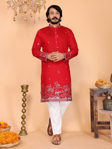 Ensemble Kurta Pyjama en Lin et Coton Durable avec Broderie et Sequins, Tenue Ethnique pour Hommes, Idéal pour Mariages, Festivals et Soirées - Product Image 6